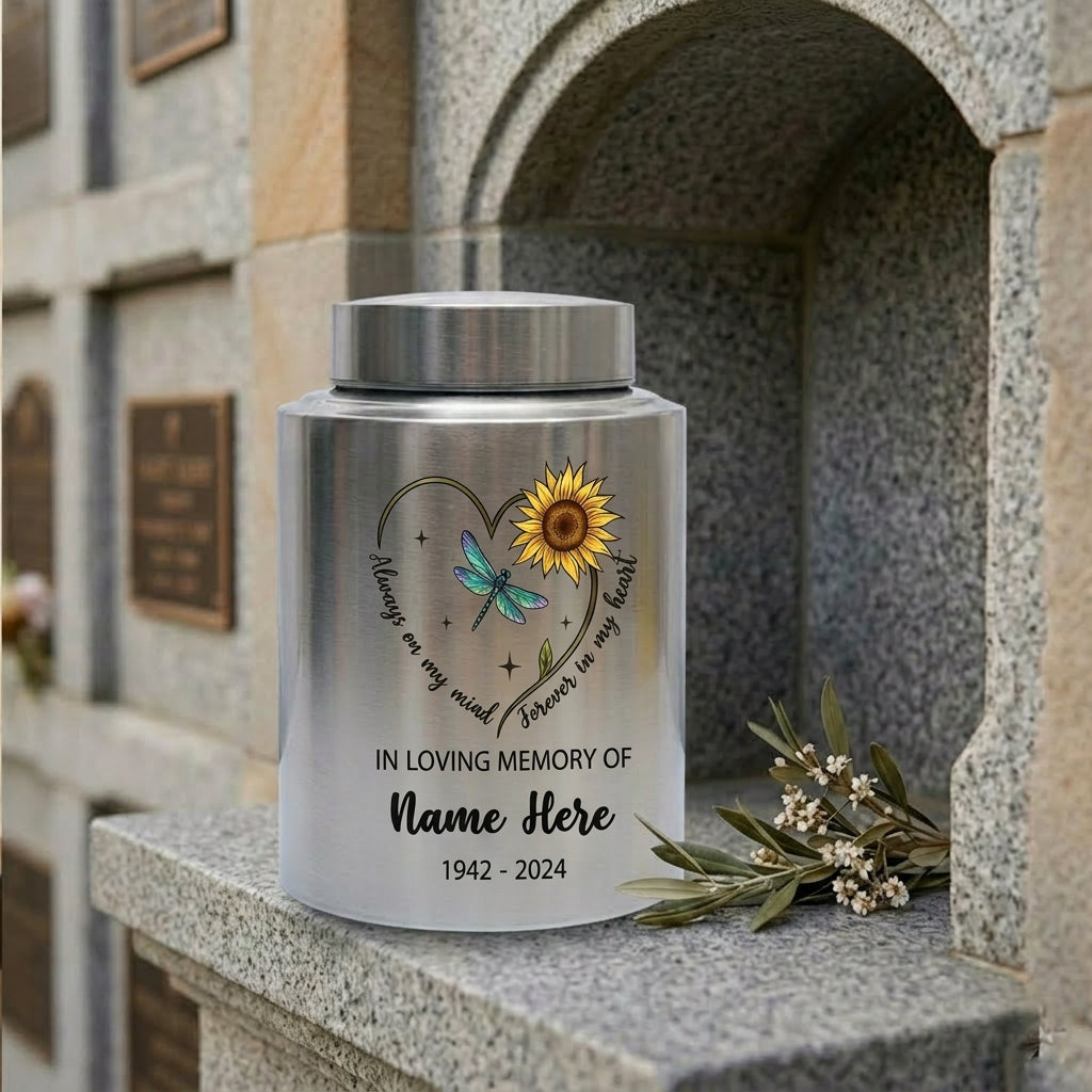 Personalized Dragonfly Moon Sunflower Stainless Steel Cremation Urn Adult Ashes Funeral Burial Bereavement Always On My Mind Memorial Keepsake Urn, Memorial Gift, In Loving Memory - Image 7