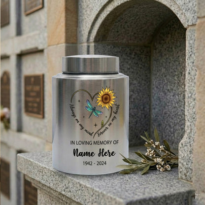 Personalized Dragonfly Moon Sunflower Stainless Steel Cremation Urn Adult Ashes Funeral Burial Bereavement Always On My Mind Memorial Keepsake Urn, Memorial Gift, In Loving Memory - Image 7