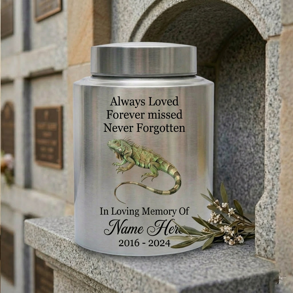Personalized Iguana Cremation Urn for Human Ashes Stainless Steel Custom Name Dates UV Printed Reptile Lover Sympathy Keepsake 2 Sizes Memorial Keepsake Urn, Memorial Gift, In Loving Memory - Image 7