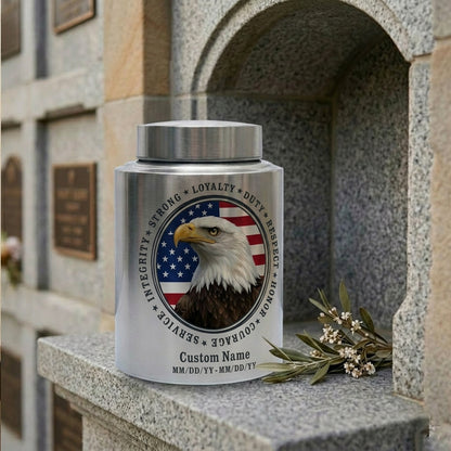 Personalized Patriotic Bald Eagle American Flag Stainless Steel Cremation Urn for Veteran Dad Men, Military Values Design Two Sizes Memorial Keepsake Urn, Memorial Gift, In Loving Memory - Image 7