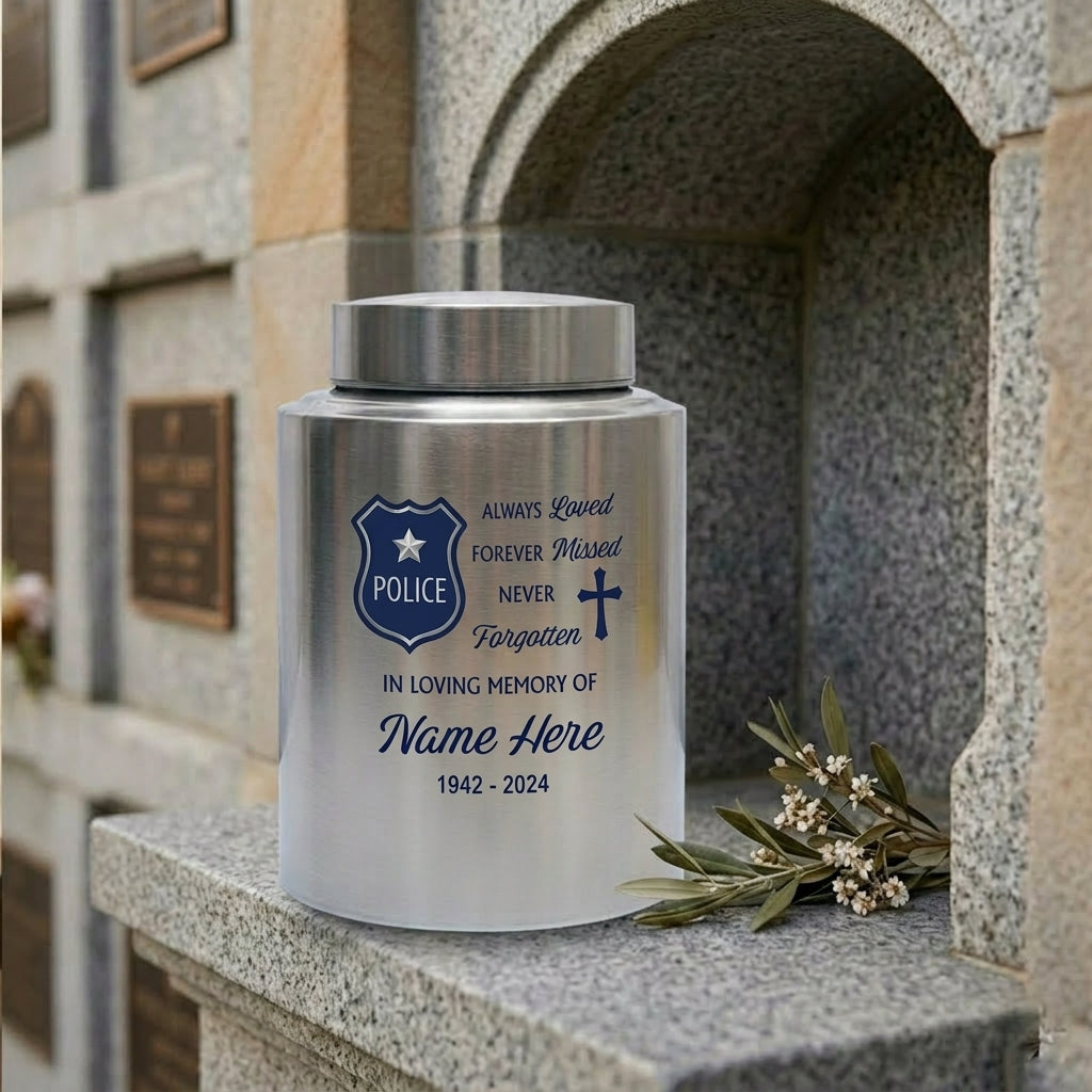 Personalized Police Officer Shield Badge Cross Stainless Steel UV Printed Law Enforcement Tribute Ash Holder Large Small Sizes Memorial Keepsake Urn, Memorial Gift, In Loving Memory - Image 7
