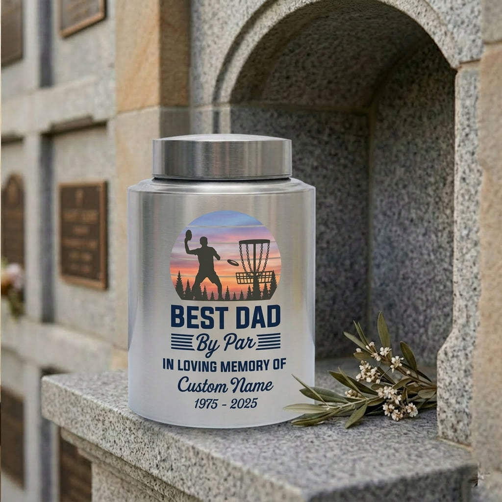 Personalized Disc Golf Dad By Par Sunset UV Printed Stainless Steel Cremation Vessel for Father Loss Sympathy Adult Ashes Small Large Sizes Memorial Keepsake Urn, Memorial Gift, In Loving Memory - Image 7