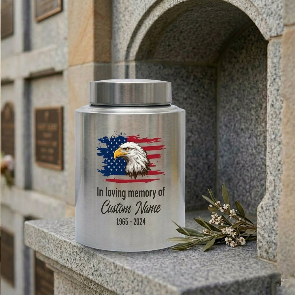 Personalized Eagle Cremation Urn for Human Ashes Adult Men Dad Veteran, UV Printed Metal Tribute Ash Container in Small 5.9in or Large 7.5in, Memorial Keepsake Urn, Memorial Gift, In Loving Memory - Image 7