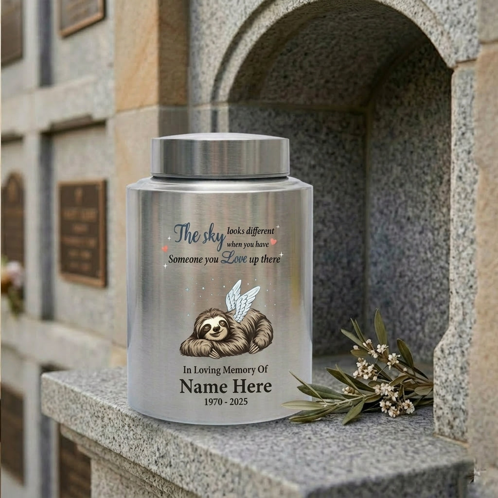 Personalized Sloth Cremation Urn UV Printed Stainless Steel Ash Holder The Sky Looks Different Quote For Animal Lovers Adult Pet Ashes Memorial Keepsake Urn, Memorial Gift, In Loving Memory - Image 7