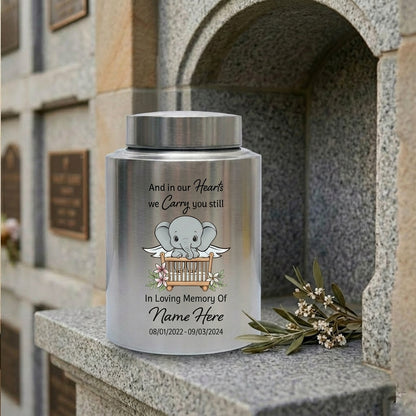 Personalized Baby Elephant UV Printed Stainless Steel Urn For Infant Child Loss Bereavement, Silver Black Gold Red Display, Memorial Keepsake Urn, Memorial Gift, In Loving Memory - Image 7