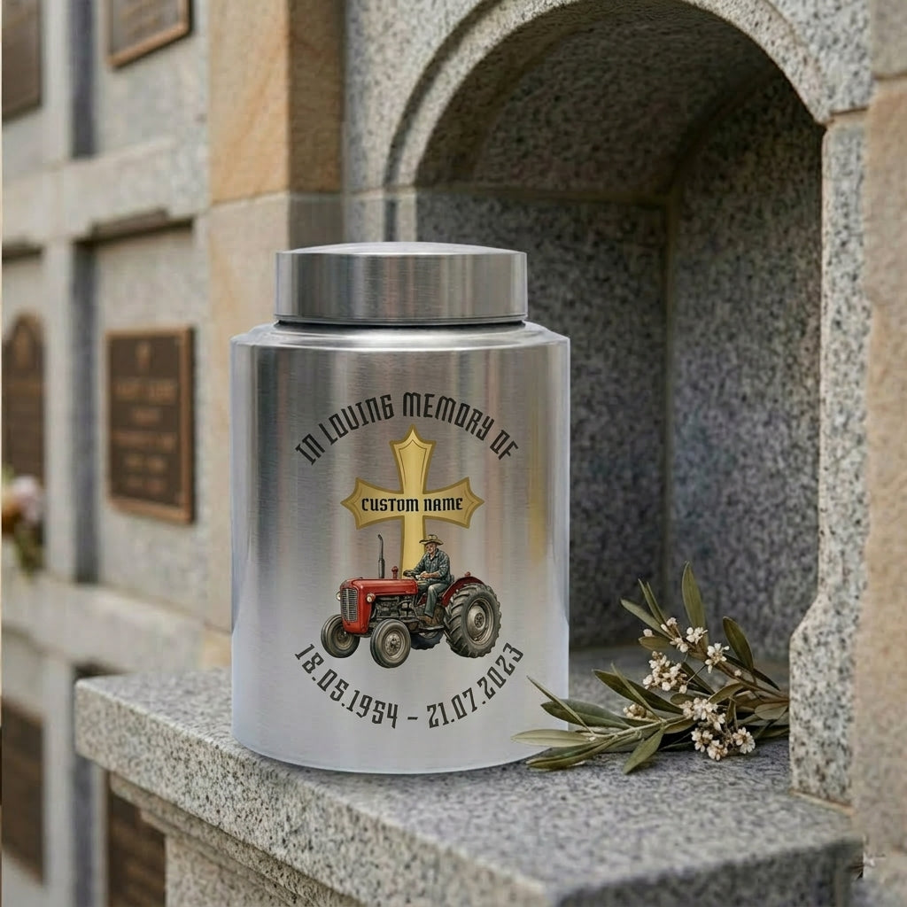 Personalized Farmer Tractor Gothic Cross Stainless Steel Urn for Human Ashes Loss of Father Grandfather Husband Decorative 5.9x3.9 7.5x5.1 Memorial Keepsake Urn, Memorial Gift, In Loving Memory - Image 7