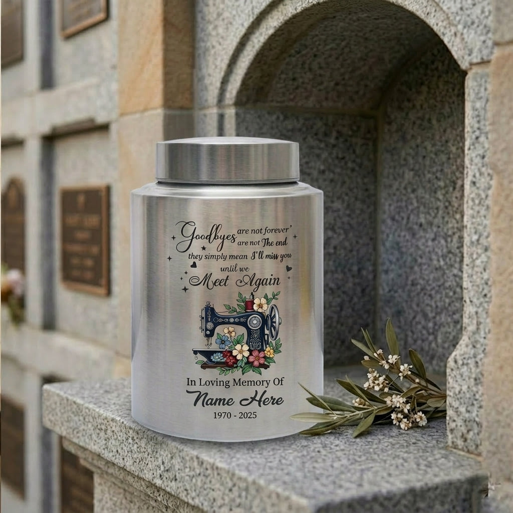 Personalized Sewing Stainless Steel Cremation Urn for Mom Grandma Crafter, Goodbyes Are Not Forever Quote Custom Name Date, Memorial Keepsake Urn, Memorial Gift, In Loving Memory - Image 7