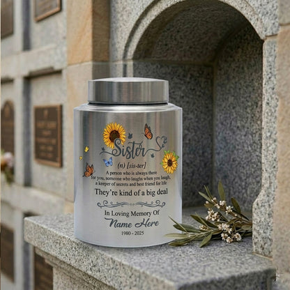 Personalized Sunflower Butterfly Sister Memorial Stainless Steel UV Print Urn for Loss of Best Friend Sister-in-Law Bereavement Tribute 2 Sizes Memorial Keepsake Urn, Memorial Gift, In Loving Memory - Image 7