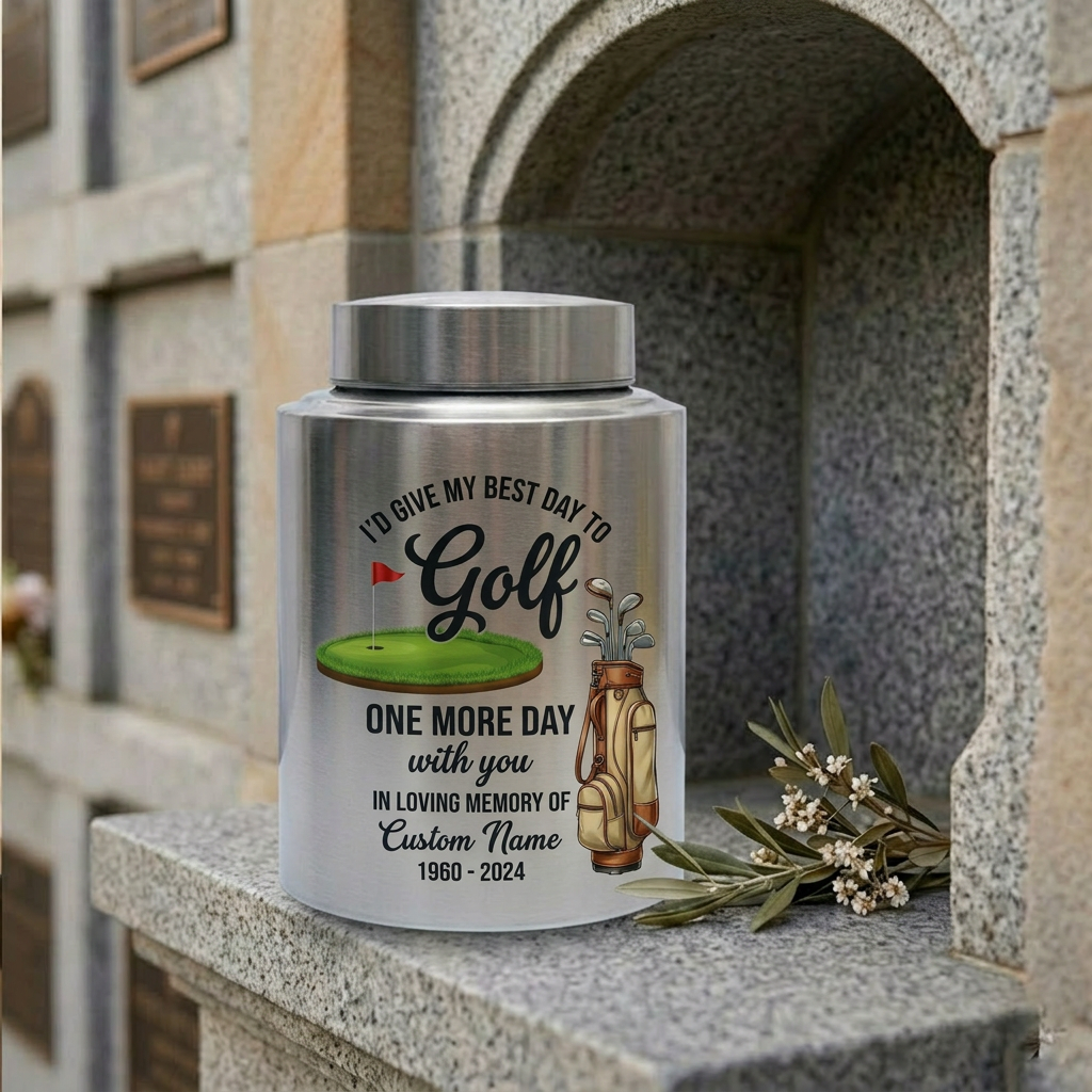 Personalized Golf Player Memorial UV Printed Stainless Steel Urn for Father Grandfather Golfer Enthusiast Adult Human Ashes 2 Sizes Memorial Keepsake Urn, Memorial Gift, In Loving Memory - Image 7