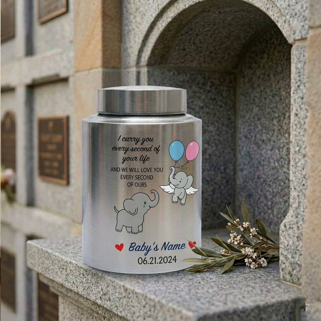 Personalized Angel Baby Elephant Grieving Stainless Steel Urn For Infant Loss Miscarriage Child Memory Large 7.5x5.1 UV Printed Decor Memorial Keepsake Urn, Memorial Gift, In Loving Memory - Image 7