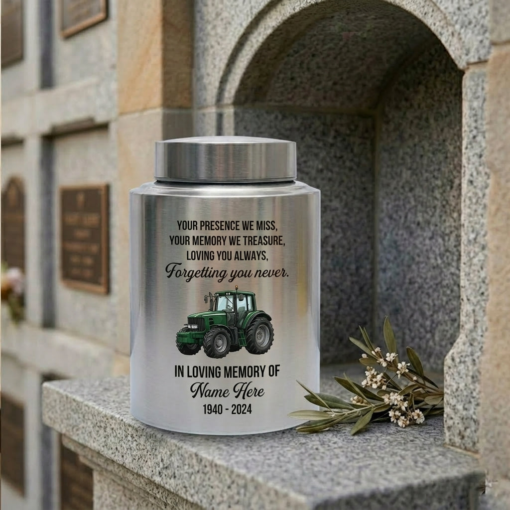 Personalized Farmer UV Printed Urn Forgetting You Never Dad Grandfather Husband Funeral Display Bereavement Tribute Ash Holder Two Sizes Memorial Keepsake Urn, Memorial Gift, In Loving Memory - Image 7