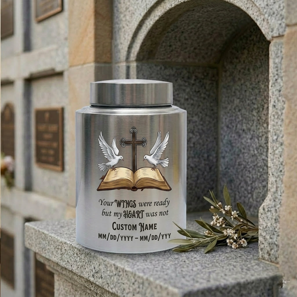 Personalized Christian Doves Jesus Cross Stainless Steel Urn, Your Wings Were Ready But My Heart Was Not for Mom Sister Adult Women Ashes, Memorial Keepsake Urn, Memorial Gift, In Loving Memory - Image 7