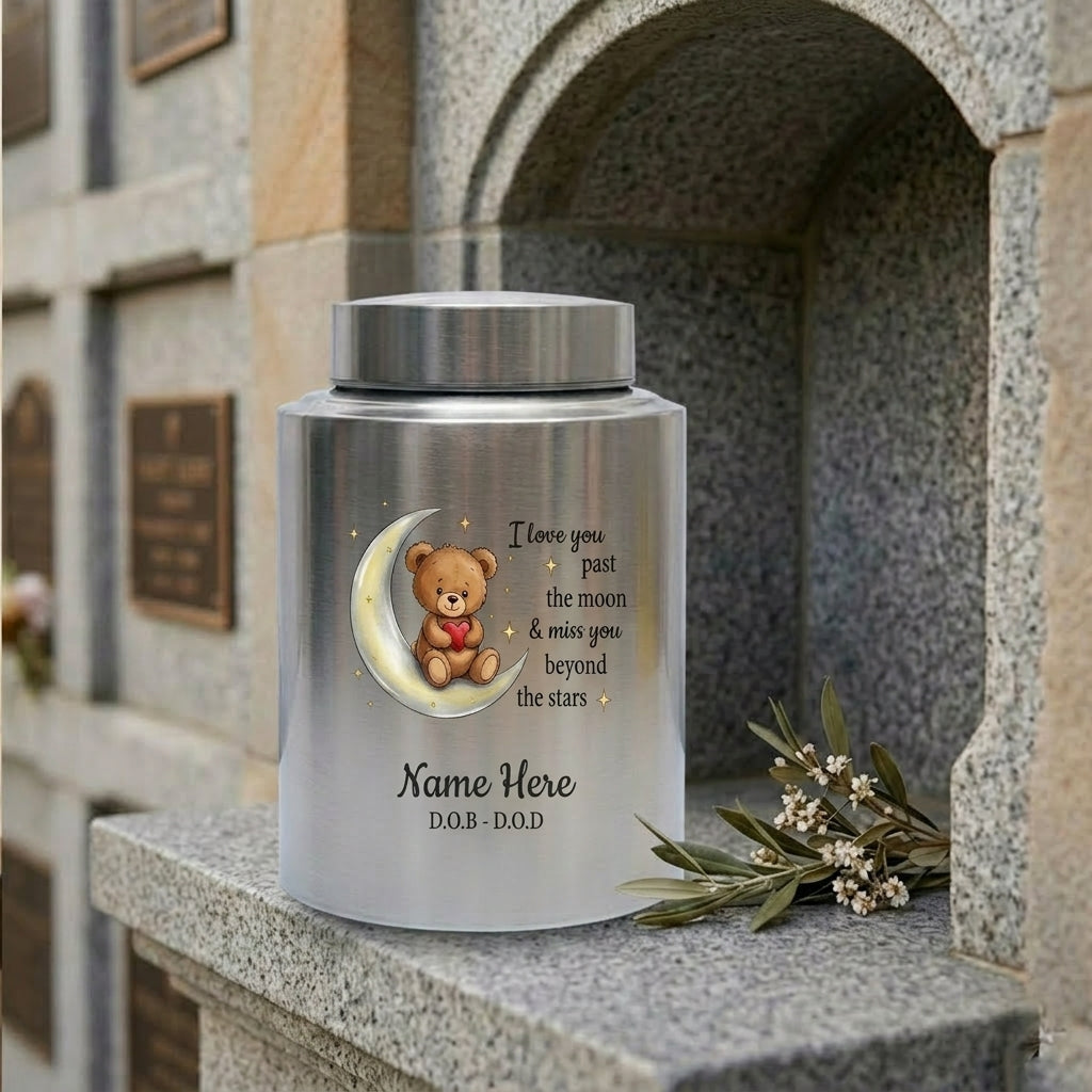 Personalized Teddy Bear Crescent Moon Stars Baby Loss Stainless Steel Urn Infant Child Bereavement Custom Two Sizes Parents Family Memorial Keepsake Urn, Memorial Gift, In Loving Memory - Image 7