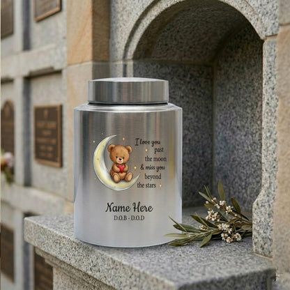 Personalized Teddy Bear Crescent Moon Stars Baby Loss Stainless Steel Urn Infant Child Bereavement Custom Two Sizes Parents Family Memorial Keepsake Urn, Memorial Gift, In Loving Memory - Image 7