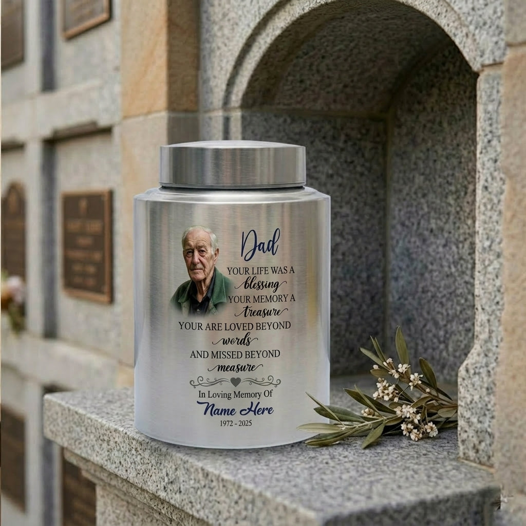 Personalized Dad Your Life Was A Blessing Custom Name Date UV Printed Stainless Steel Cremation Ash Container Loss Of Father Parent Bereavement Memorial Keepsake Urn, Memorial Gift, In Loving Memory - Image 7