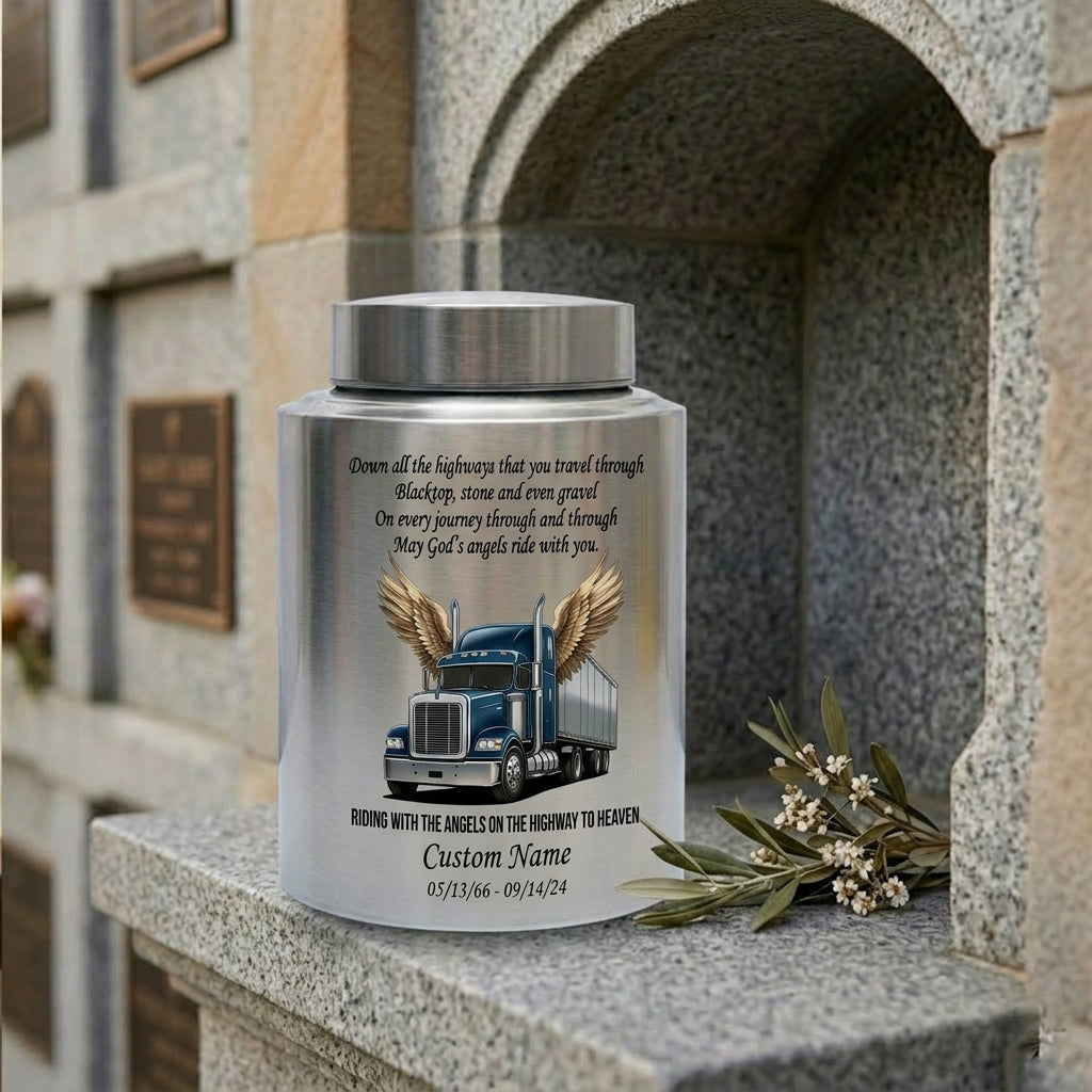 Personalized Semi Truck Angel Wings Large Stainless Steel Cremation Urn for Truck Driver Husband Father Grandfather Highway to Heaven UV Print Memorial Keepsake Urn, Memorial Gift, In Loving Memory - Image 7