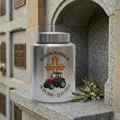 Personalized Farmer Tractor Gothic Cross Stainless Steel Urn for Human Ashes Loss of Father Grandfather Husband Decorative 5.9x3.9 7.5x5.1 Memorial Keepsake Urn, Memorial Gift, In Loving Memory - Image 7