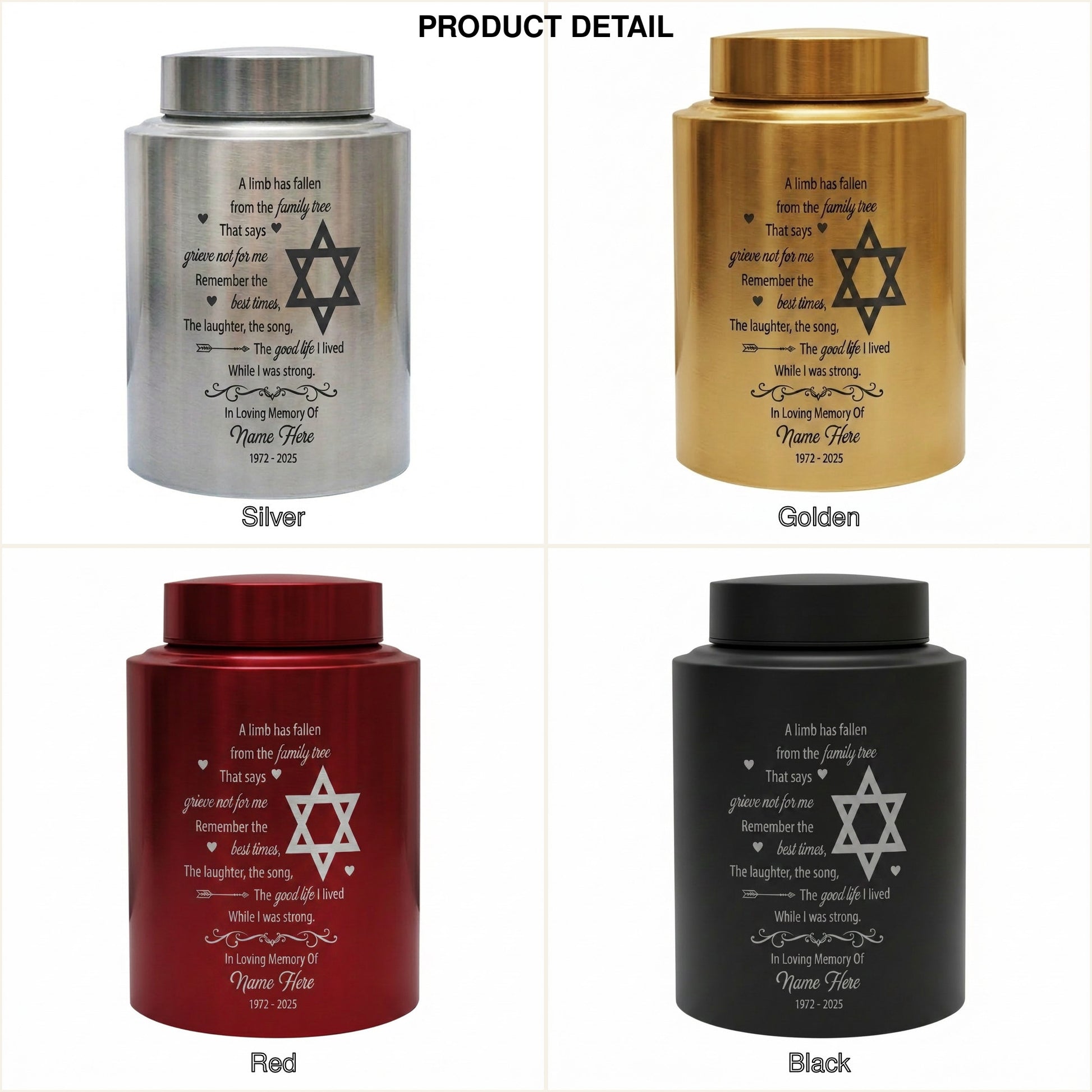 Personalized Tree of Life Jewish Star of David UV Printed Stainless Steel Urn Loss of Loved One Judaism Bereavement Tribute Large 7.5in Memorial Keepsake Urn, Memorial Gift, In Loving Memory - Image 8