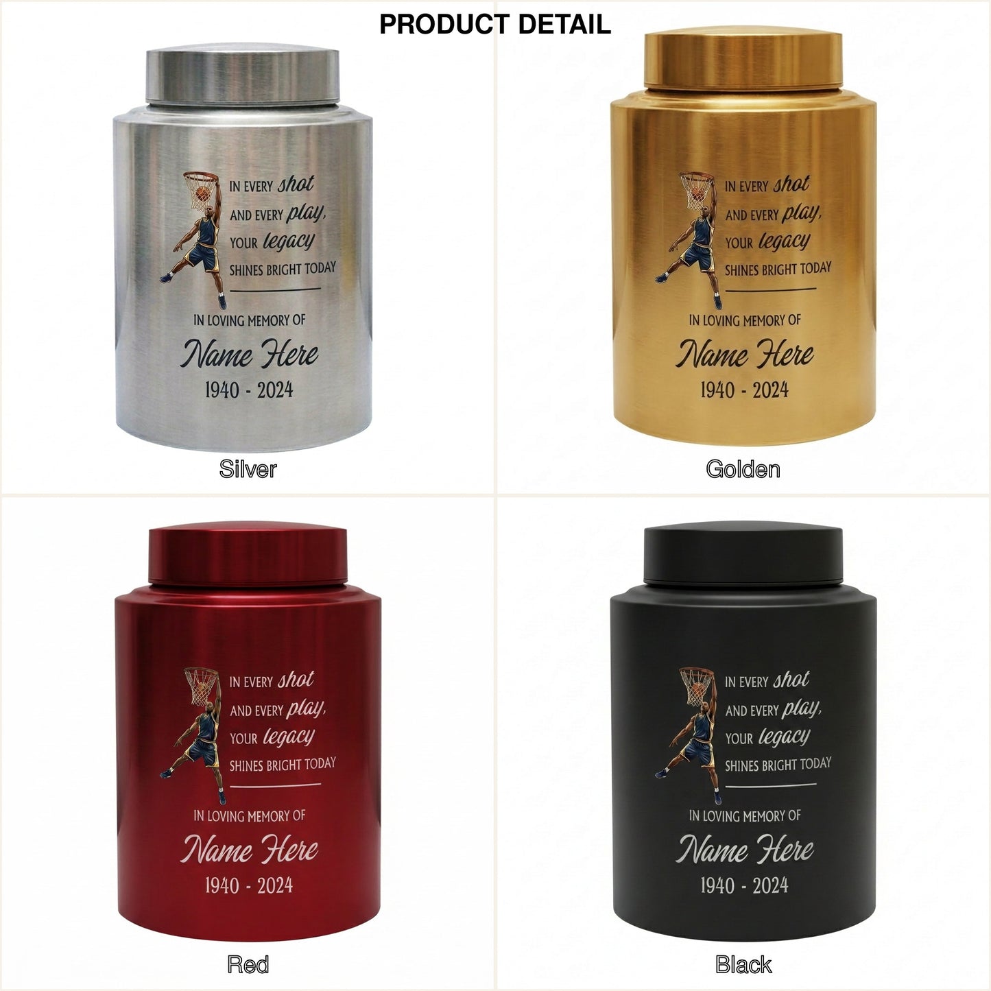Personalized Basketball Stainless Steel Urn for Sports Fan Athlete Coach, Decorative Funeral Display Large Small Silver Black Gold Red Memorial Keepsake Urn, Memorial Gift, In Loving Memory - Image 8