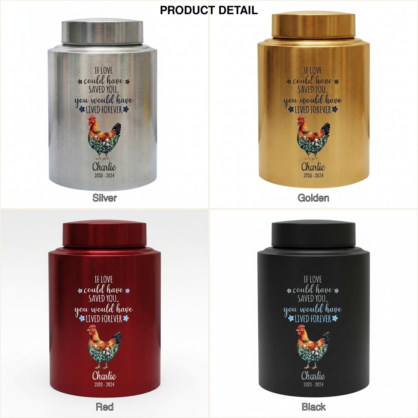 Personalized Chicken Memorial Stainless Steel Urn for Pet Ashes, Rooster Hen Loss Sympathy Gift, Custom Name Date Bird Tribute, Two Sizes, Memorial Keepsake Urn, Memorial Gift, In Loving Memory - Image 8