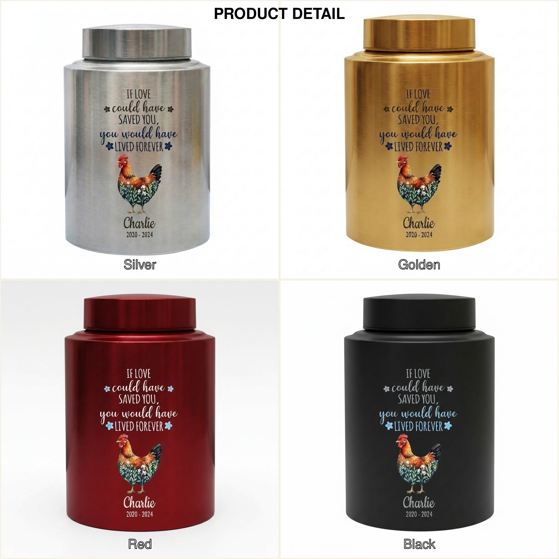 Personalized Chicken Memorial Stainless Steel Urn for Pet Ashes, Rooster Hen Loss Sympathy Gift, Custom Name Date Bird Tribute, Two Sizes, Memorial Keepsake Urn, Memorial Gift, In Loving Memory - Image 8