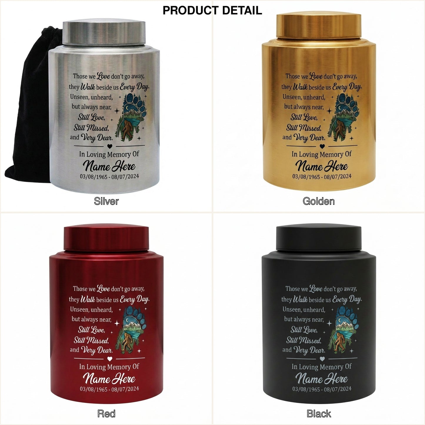 Personalized Bigfoot Sasquatch Stainless Steel Urn for Adult Human Ashes Men Father Husband Bereavement Condolence Silver Black Gold Red Memorial Keepsake Urn, Memorial Gift, In Loving Memory - Image 8