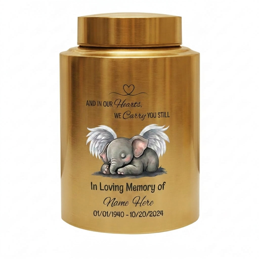 Personalized Baby Elephant Heart UV Printed Stainless Steel Infant Child Loss Bereavement And In Our Hearts We Carry You Still Quote Memorial Keepsake Urn, Memorial Gift, In Loving Memory - Image 9