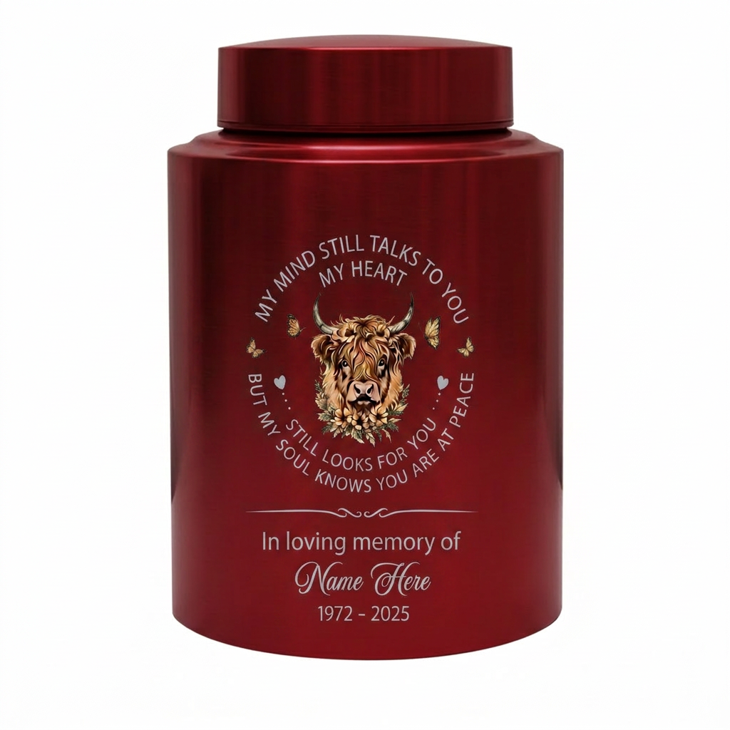 Personalized Highland Cow UV Printed Ash Container for Loss of Mother Father, My Mind Still Talks to You Quote, Large 7.5x5.1 or 5.9x3.9 Sizes, Memorial Keepsake Urn, Memorial Gift, In Loving Memory - Image 10