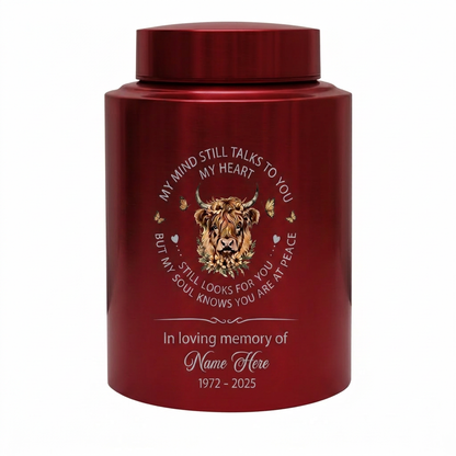 Personalized Highland Cow UV Printed Ash Container for Loss of Mother Father, My Mind Still Talks to You Quote, Large 7.5x5.1 or 5.9x3.9 Sizes, Memorial Keepsake Urn, Memorial Gift, In Loving Memory - Image 10