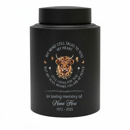 Personalized Highland Cow UV Printed Ash Container for Loss of Mother Father, My Mind Still Talks to You Quote, Large 7.5x5.1 or 5.9x3.9 Sizes, Memorial Keepsake Urn, Memorial Gift, In Loving Memory - Image 11