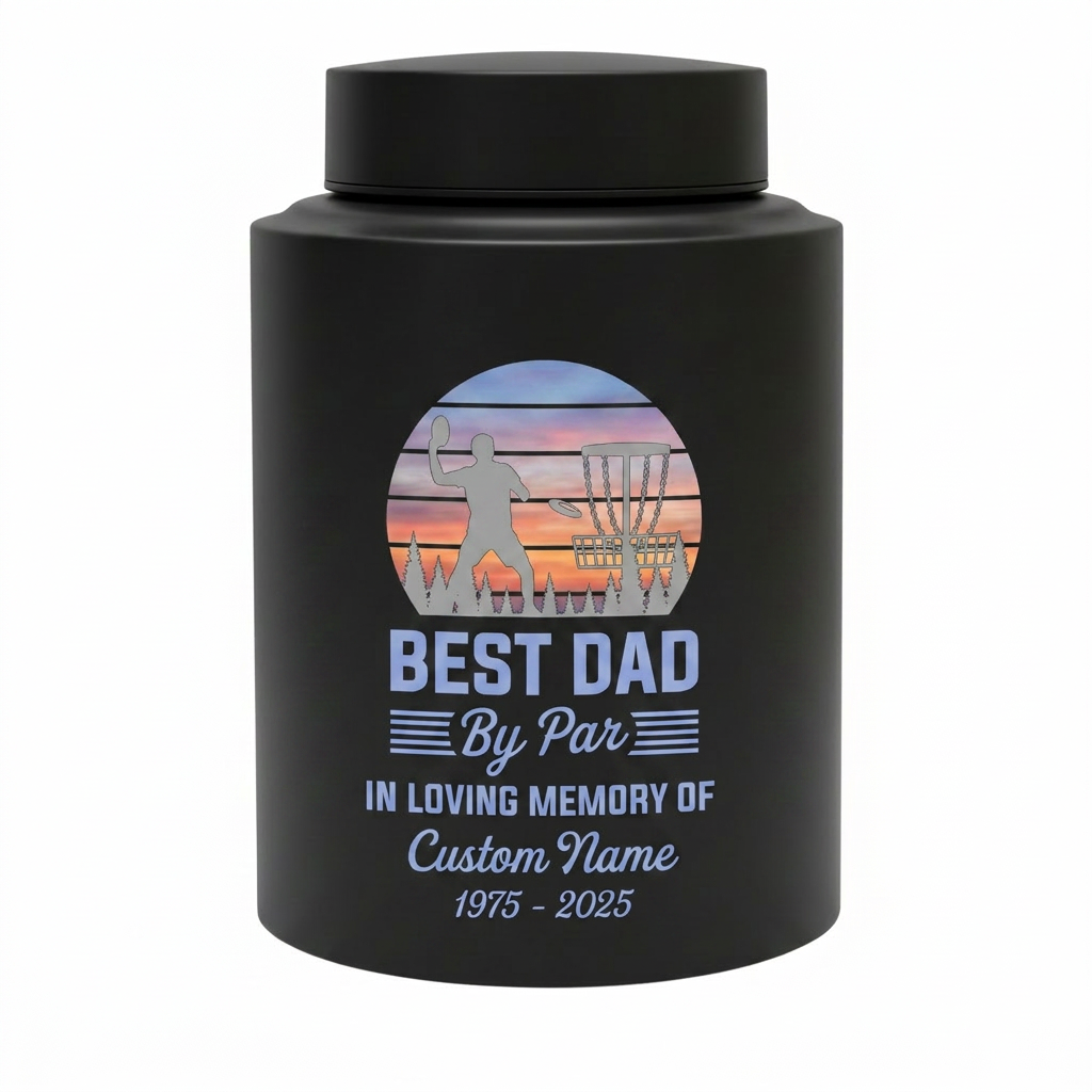 Personalized Disc Golf Dad By Par Sunset UV Printed Stainless Steel Cremation Vessel for Father Loss Sympathy Adult Ashes Small Large Sizes Memorial Keepsake Urn, Memorial Gift, In Loving Memory - Image 11