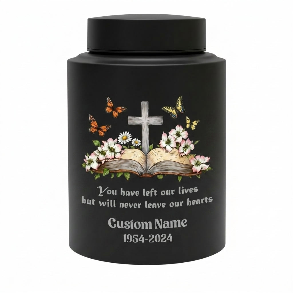 Personalized Christian Cross Bible Floral Urn, Custom Name Date Stainless Steel Adult Ash Container, Bereavement Sympathy Funeral Memorial Keepsake Urn, Memorial Gift, In Loving Memory - Image 11