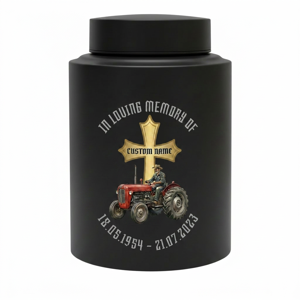 Personalized Farmer Tractor Gothic Cross Stainless Steel Urn for Human Ashes Loss of Father Grandfather Husband Decorative 5.9x3.9 7.5x5.1 Memorial Keepsake Urn, Memorial Gift, In Loving Memory - Image 11